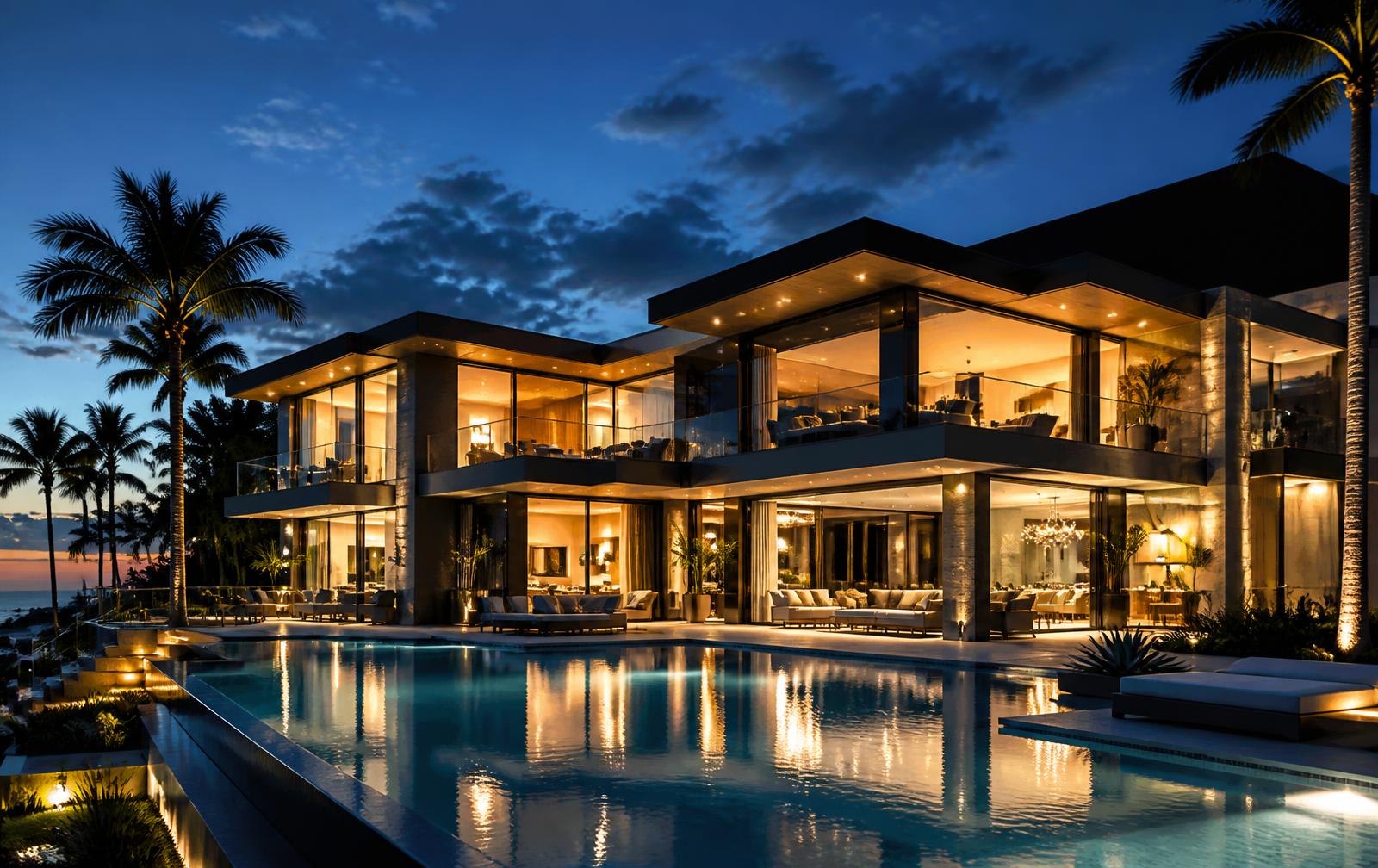Luxury modern estate at dusk with lit interiors and reflecting pool